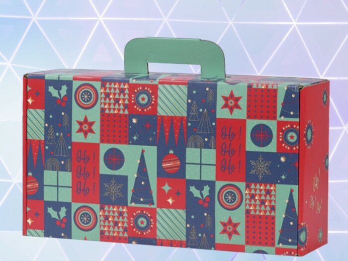 Valisette carton rectangle "patchwork festif" pour un cadeau sur-mesure