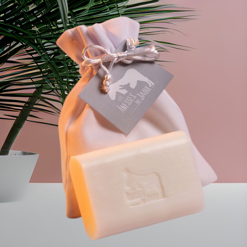 Savon doux 10% lait frais d'ânesse BIO avec son pochon velours blanc